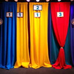 A vibrant scene featuring three gameshow-style curtains arranged side by side from left to right