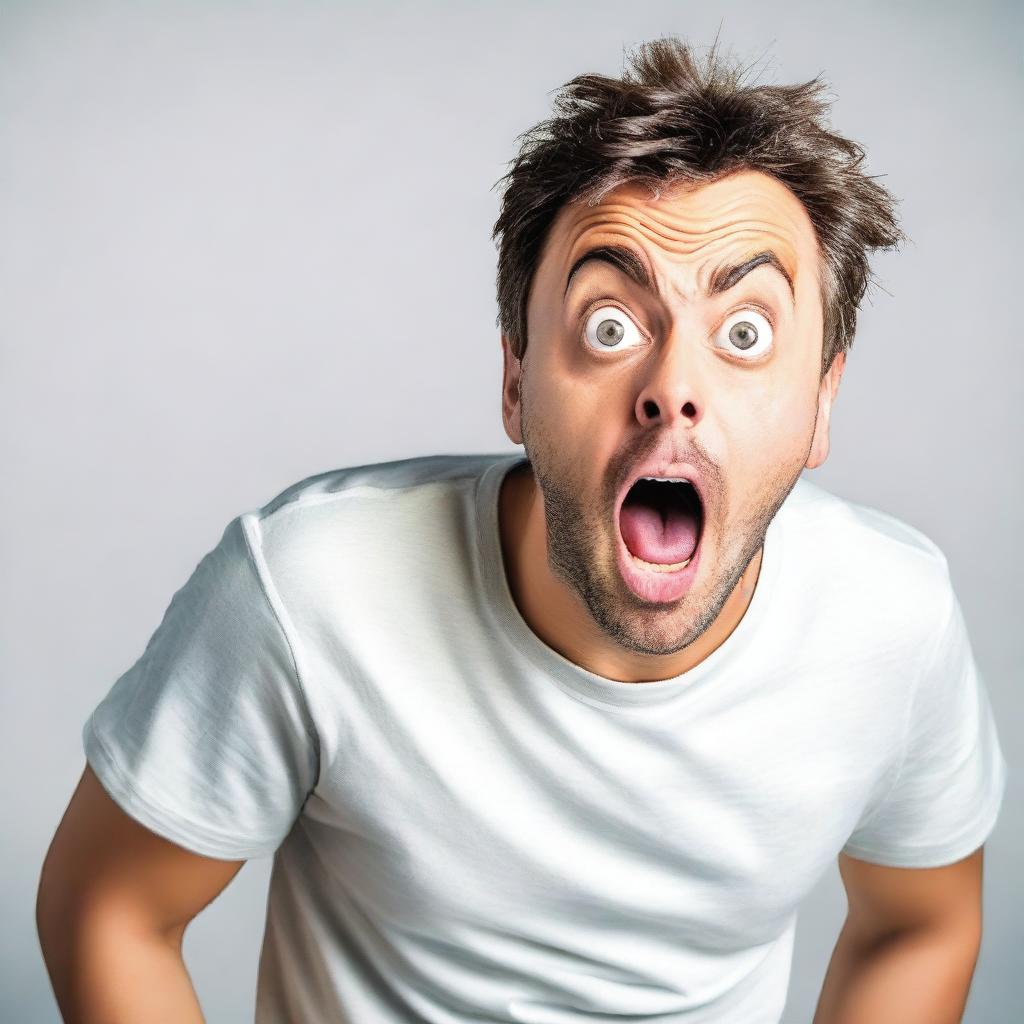 A surprised man expressing shock with wide eyes and open mouth.