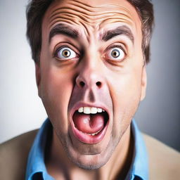 A surprised man expressing shock with wide eyes and open mouth.