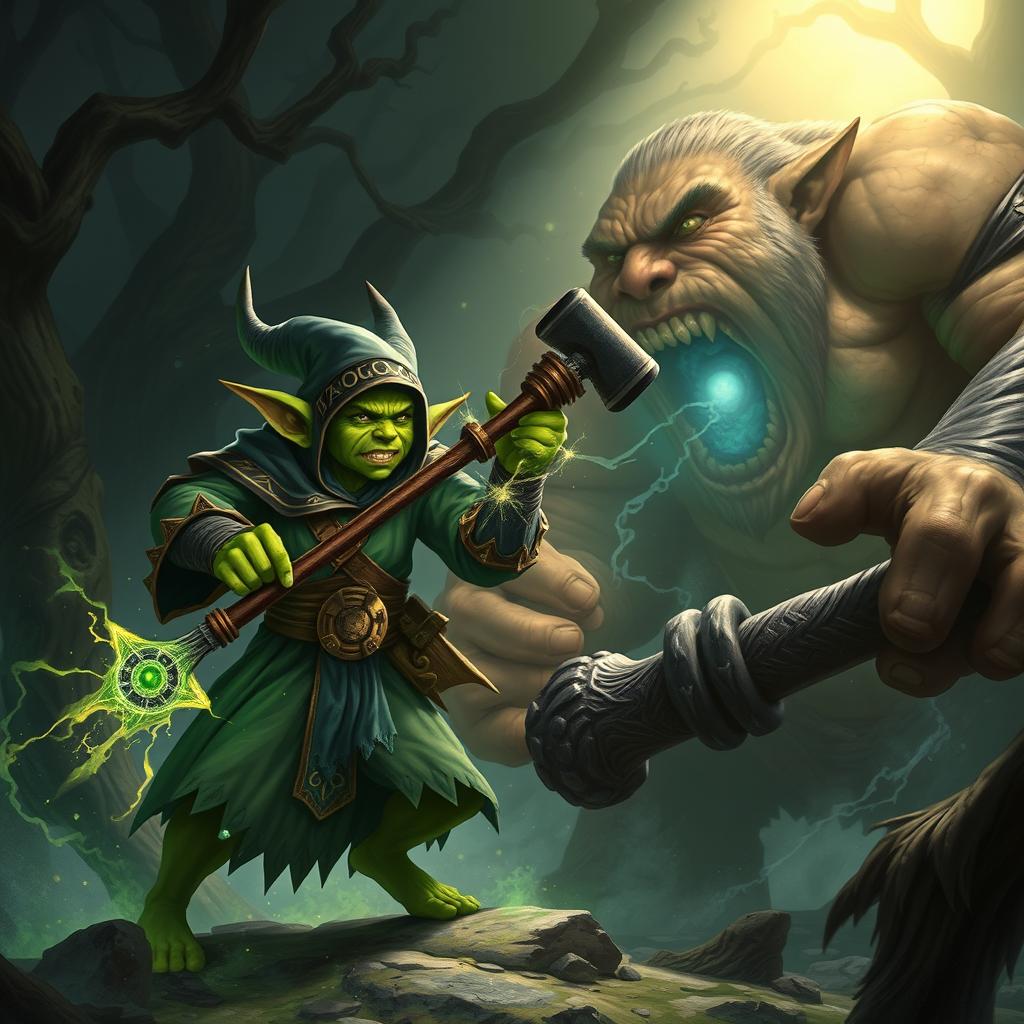 A heroic Hobgoblin Warlock in an epic battle against a massive ogre in a dark, enchanted forest