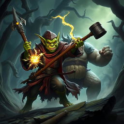 A heroic Hobgoblin Warlock in an epic battle against a massive ogre in a dark, enchanted forest