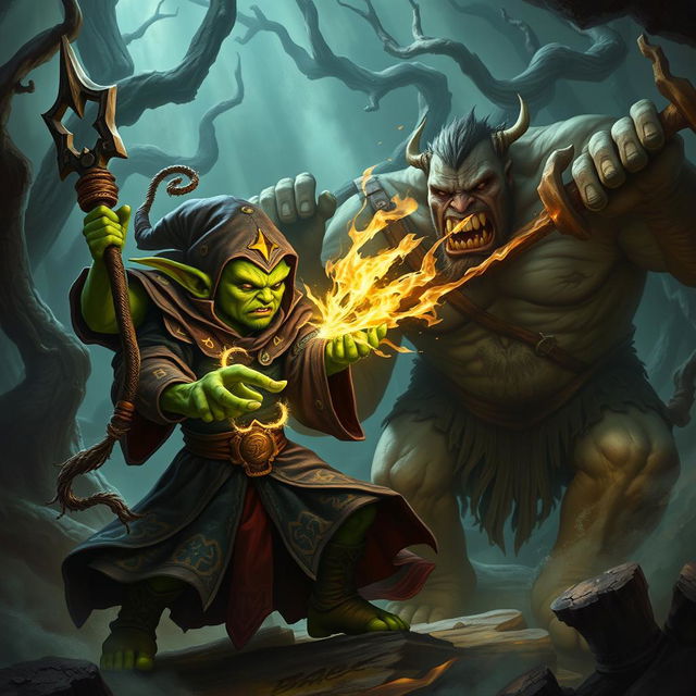 A heroic Hobgoblin Warlock in an epic battle against a massive ogre in a dark, enchanted forest