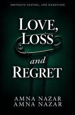 A book cover design themed around a safety pin, incorporating a dark and moody atmosphere with deep green tones