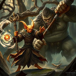 A striking scene featuring a pale orange Hobgoblin Warlock hero engaged in an intense battle with a hulking ogre in a dense, enchanted forest