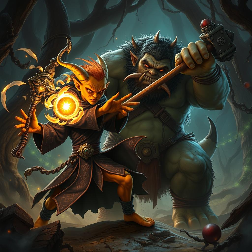 A striking scene featuring a pale orange Hobgoblin Warlock hero engaged in an intense battle with a hulking ogre in a dense, enchanted forest