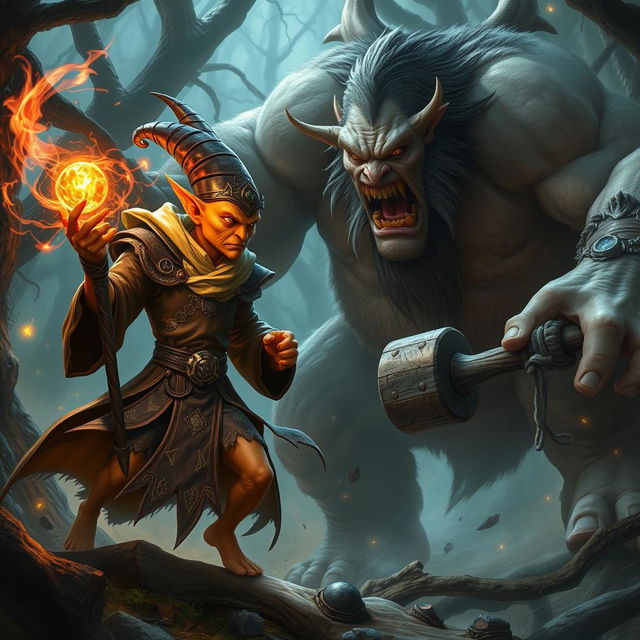 A striking scene featuring a pale orange Hobgoblin Warlock hero engaged in an intense battle with a hulking ogre in a dense, enchanted forest