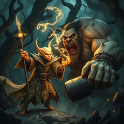 A striking scene featuring a pale orange Hobgoblin Warlock hero engaged in an intense battle with a hulking ogre in a dense, enchanted forest