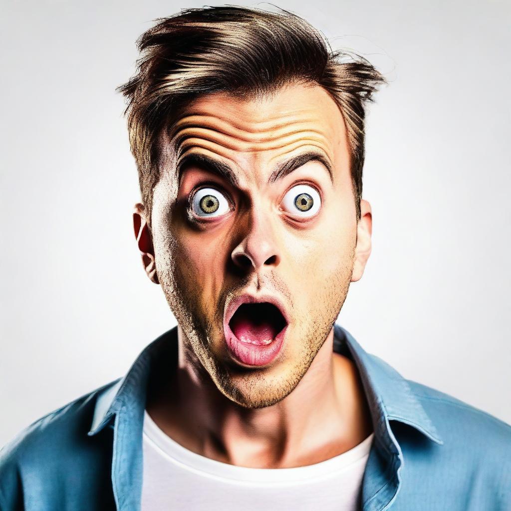 A handsome man expressing shock and surprise, with wide eyes and open mouth on a white background.