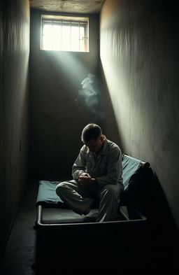 A deeply introspective scene of a solitary figure sitting on a cot in a dimly lit prison cell, with hands clasped and head bowed in thought