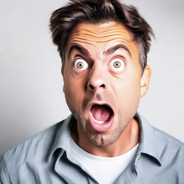 A handsome man expressing shock and surprise, with wide eyes and open mouth on a white background.