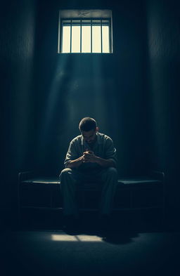 A deeply introspective scene of a solitary figure sitting on a cot in a dimly lit prison cell, with hands clasped and head bowed in thought