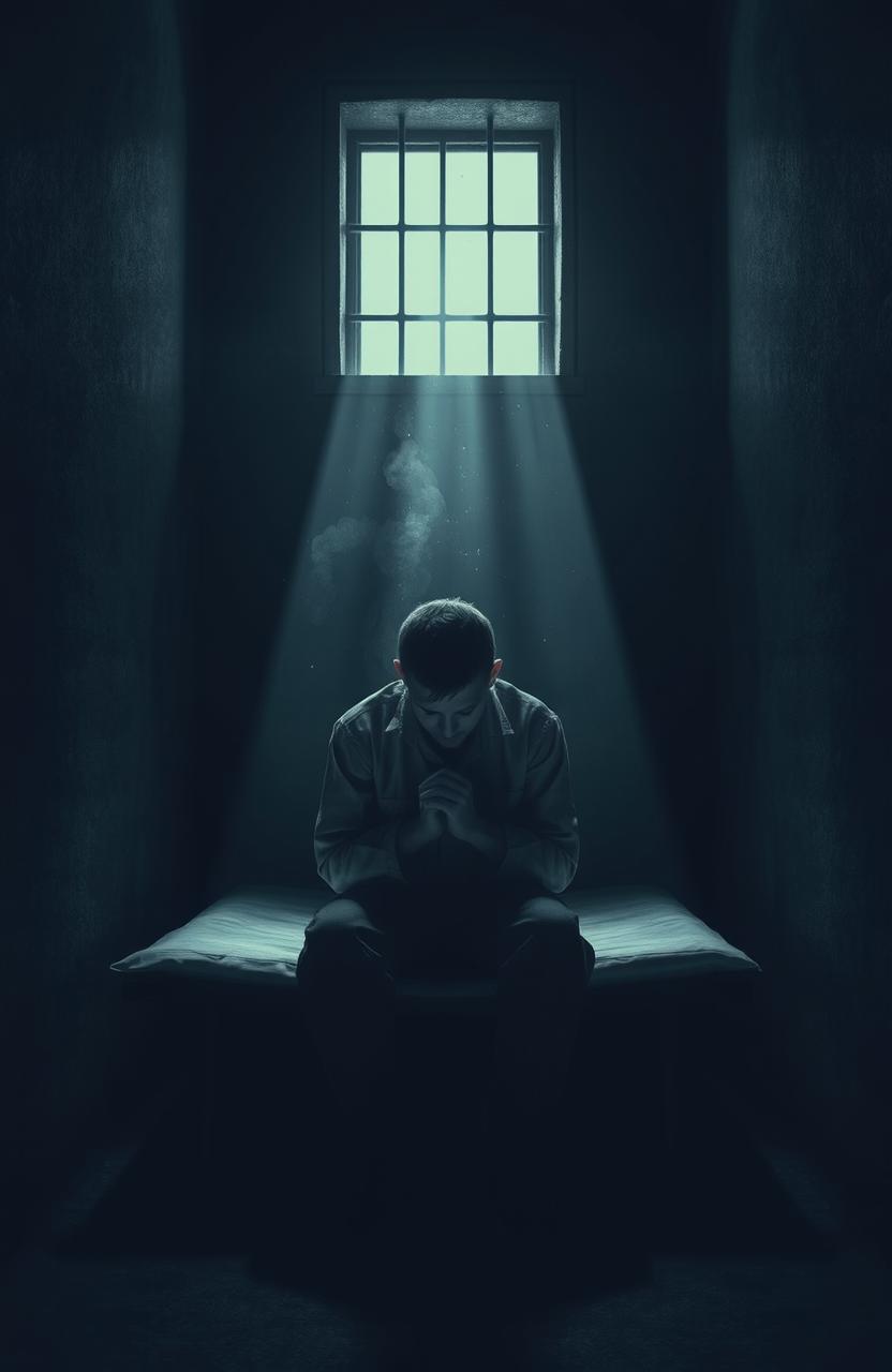 A deeply introspective scene of a solitary figure sitting on a cot in a dimly lit prison cell, with hands clasped and head bowed in thought