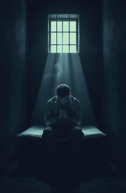 A deeply introspective scene of a solitary figure sitting on a cot in a dimly lit prison cell, with hands clasped and head bowed in thought