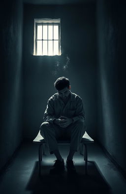 A deeply introspective scene of a solitary figure sitting on a cot in a dimly lit prison cell, with hands clasped and head bowed in thought