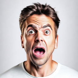 A handsome man expressing shock and surprise, with wide eyes and open mouth on a white background.