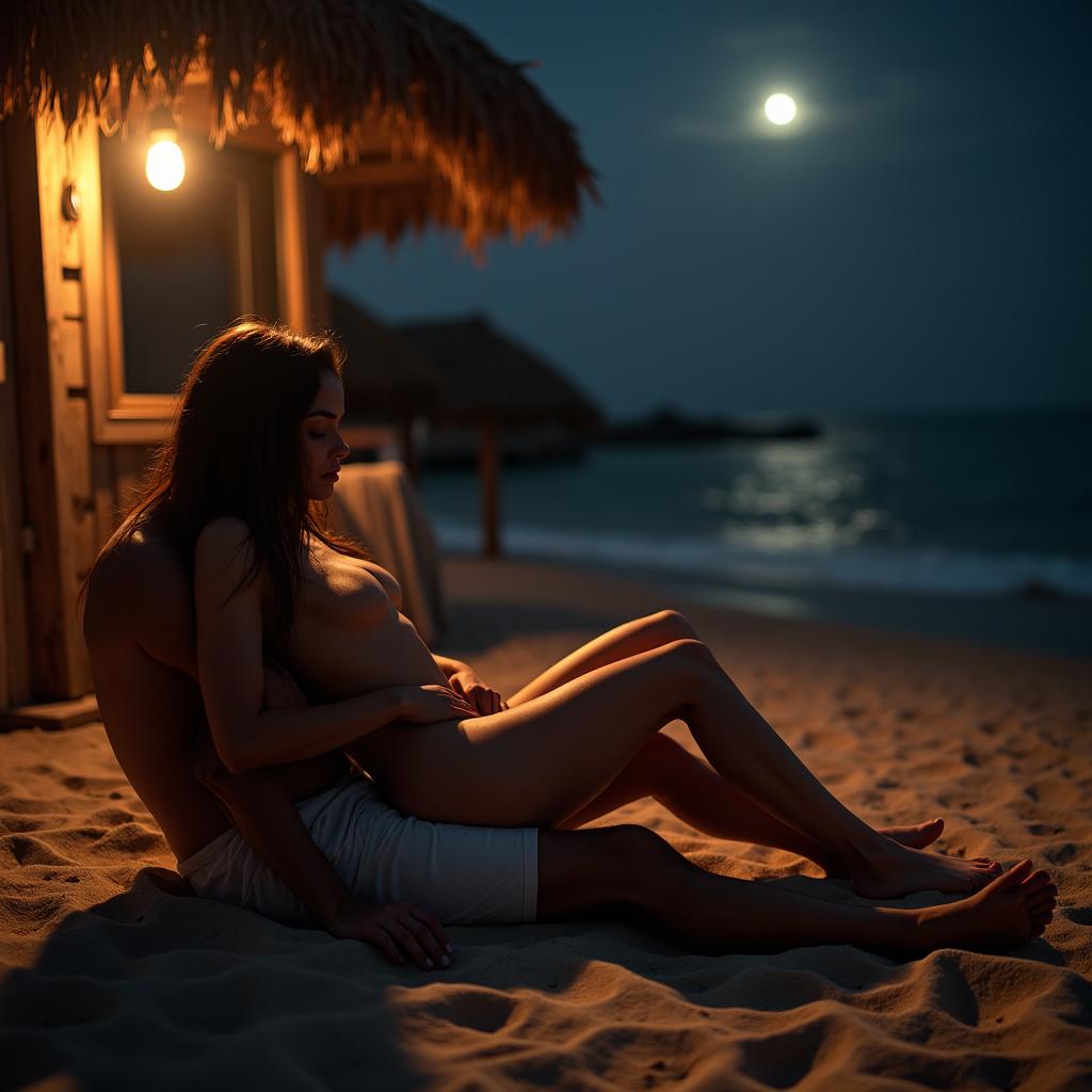 An artistic and intimate scene set at a beach shack illuminated by moonlight, depicting a beautiful young Pakistani woman with long, elegant legs, portrayed in a tasteful nude form