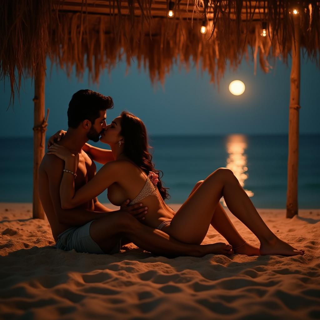 An artistic and intimate scene set at a beach shack, capturing the essence of a romantic encounter between a beautiful Pakistani woman with long legs and a man