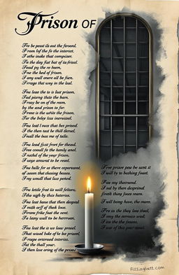 A collection of evocative and poignant prison-themed poems displayed artistically on aged parchment, featuring rich, flowing calligraphy