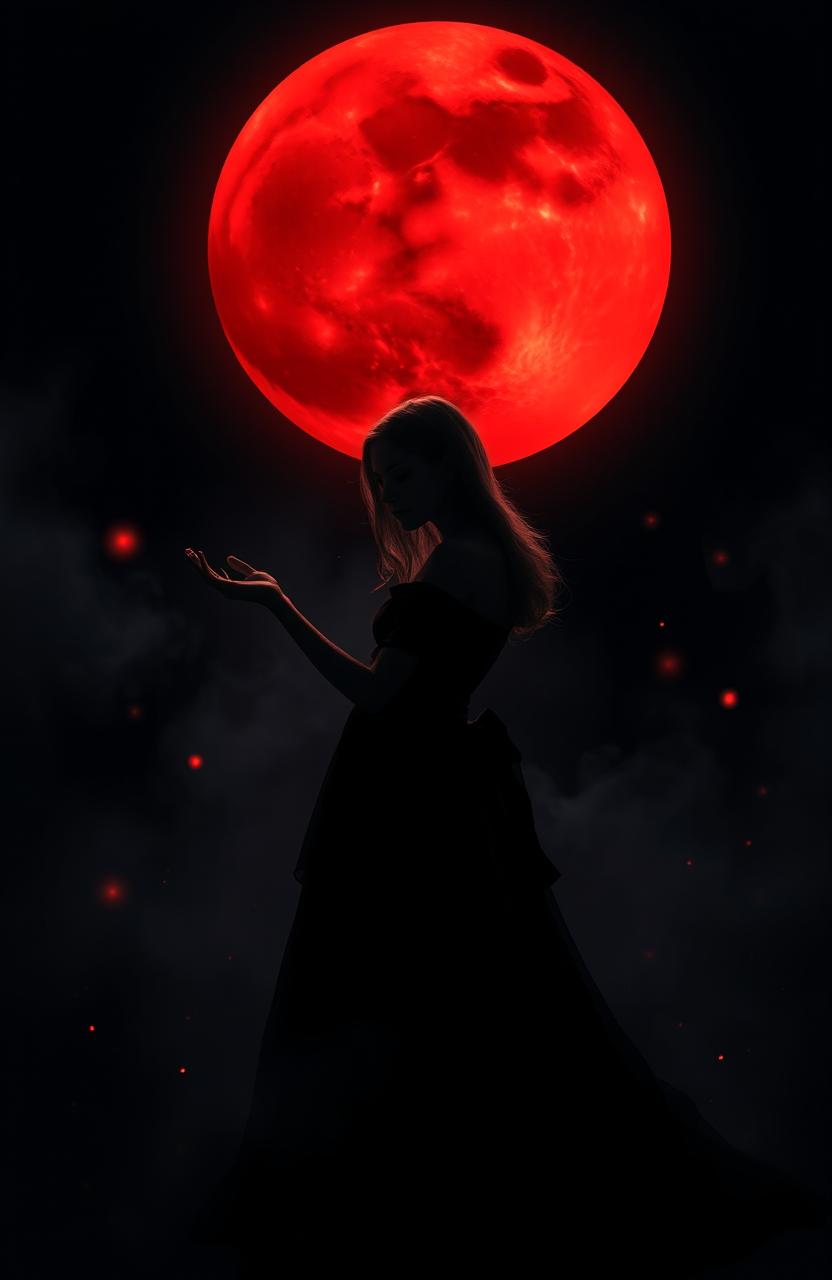 A mysterious, shadowy girl wearing an elegant dark dress, surrounded by an eerie atmosphere as a massive, blood-red moon looms ominously in the night sky