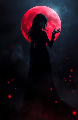 A mysterious, shadowy girl wearing an elegant dark dress, surrounded by an eerie atmosphere as a massive, blood-red moon looms ominously in the night sky