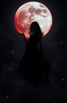 A mysterious, shadowy girl wearing an elegant dark dress, surrounded by an eerie atmosphere as a massive, blood-red moon looms ominously in the night sky