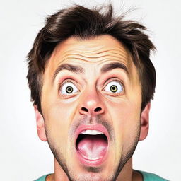 A handsome man expressing shock and surprise, with wide eyes and open mouth on a white background.