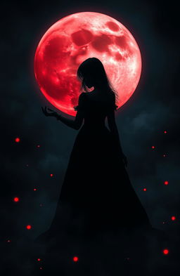 A mysterious, shadowy girl wearing an elegant dark dress, surrounded by an eerie atmosphere as a massive, blood-red moon looms ominously in the night sky