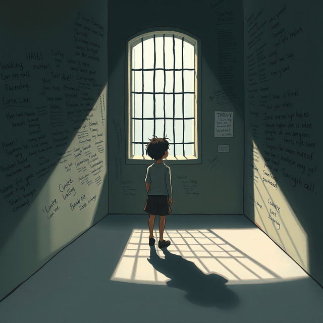 An artistic representation of a solitary figure deep in contemplation within a prison cell