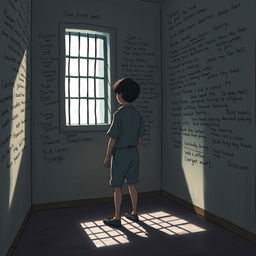 An artistic representation of a solitary figure deep in contemplation within a prison cell