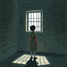 An artistic representation of a solitary figure deep in contemplation within a prison cell