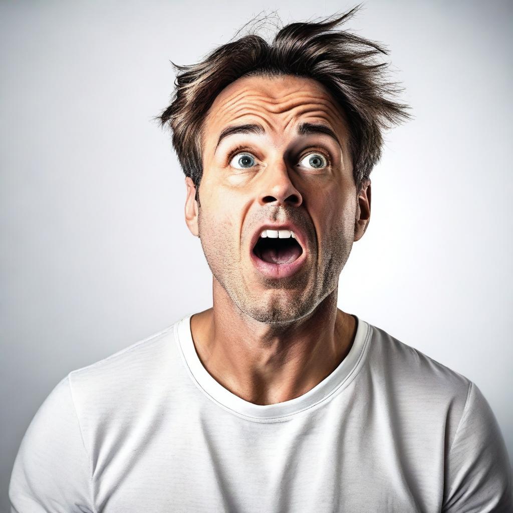 A handsome man showing an expression of astonishment or perplexity, on a white background.