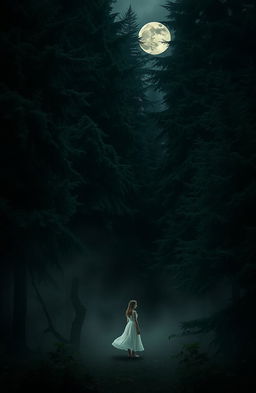 A shadowy evergreen forest with deep green trees looming tall and dense, creating a mysterious atmosphere