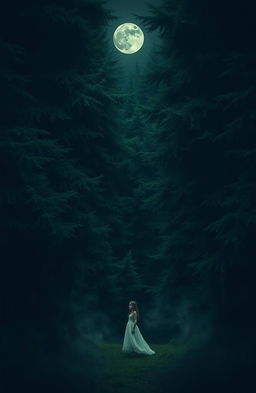 A shadowy evergreen forest with deep green trees looming tall and dense, creating a mysterious atmosphere