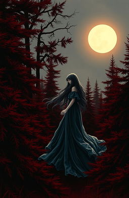 A dark red evergreen forest under a pale moon setting behind the trees