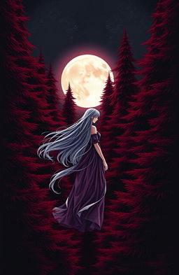 A dark red evergreen forest under a pale moon setting behind the trees