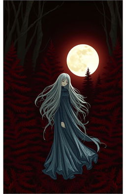 A dark red evergreen forest under a pale moon setting behind the trees
