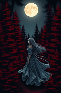 A dark red evergreen forest under a pale moon setting behind the trees