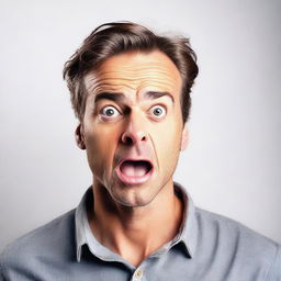 A handsome man showing an expression of astonishment or perplexity, on a white background.