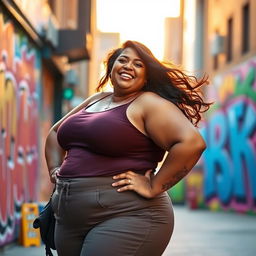 A large curvy woman with a confident pose, wearing a stylish yet casual outfit, standing in an urban setting