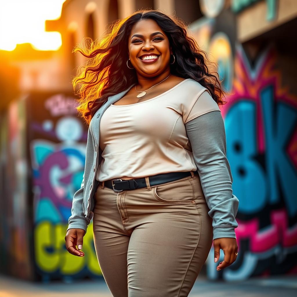 A large curvy woman with a confident pose, wearing a stylish yet casual outfit, standing in an urban setting