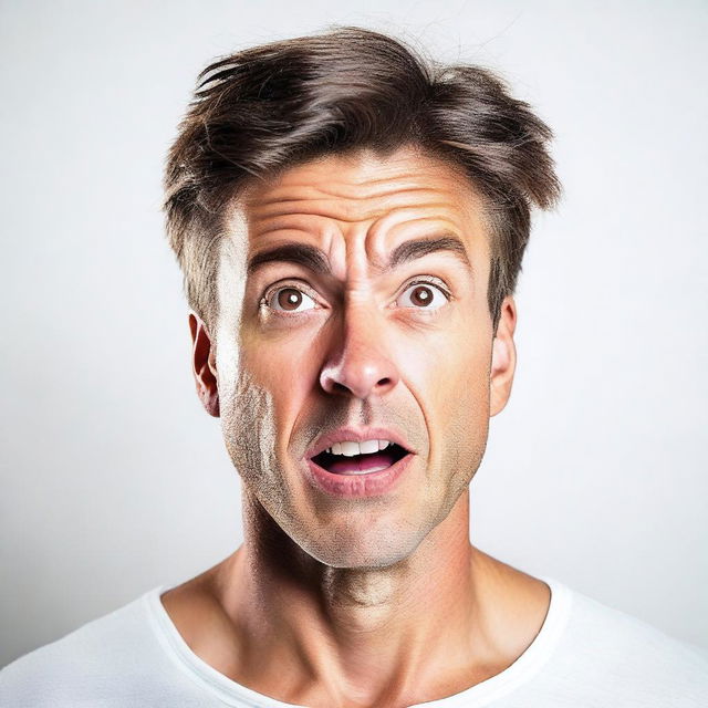 A handsome man showing an expression of astonishment or perplexity, on a white background.