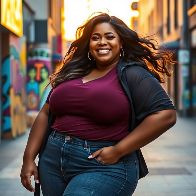 A large curvy woman with a confident pose, wearing a stylish yet casual outfit, standing in an urban setting