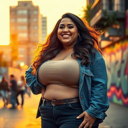 A large curvy woman with a confident pose, wearing a stylish yet casual outfit, standing in an urban setting