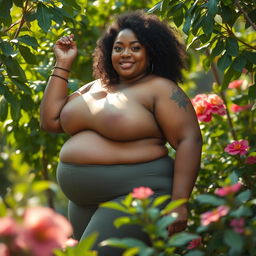 A confident and powerful representation of a large curvy woman in a serene natural setting, embracing her body and femininity