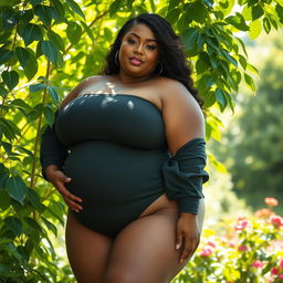 A confident and powerful representation of a large curvy woman in a serene natural setting, embracing her body and femininity