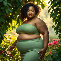A confident and powerful representation of a large curvy woman in a serene natural setting, embracing her body and femininity