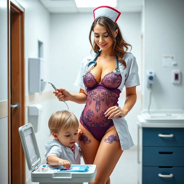 a stylish and sexy nurse wearing alluring lingerie, featuring a hot big-breasted look, holding a medical tool while standing next to a child, creating a playful healthcare scene