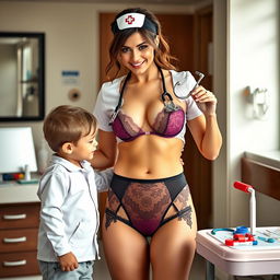 a stylish and sexy nurse wearing alluring lingerie, featuring a hot big-breasted look, holding a medical tool while standing next to a child, creating a playful healthcare scene