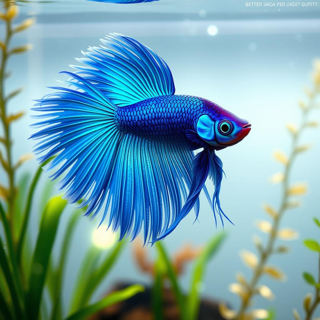 A hyperrealistic depiction of a Kaiser Blue Luck betta fish swimming gracefully in clear, sparkling water