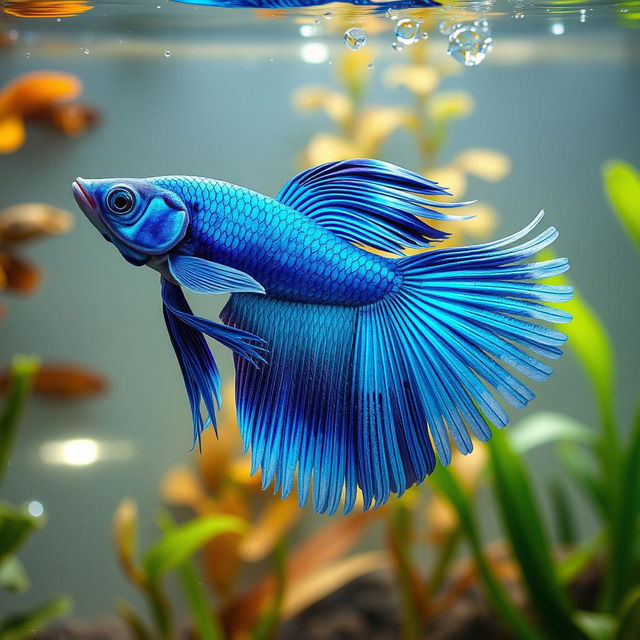 A hyperrealistic depiction of a Kaiser Blue Luck betta fish swimming gracefully in clear, sparkling water